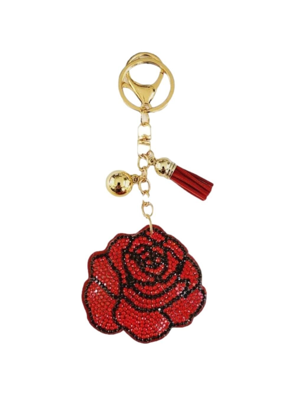 Rhinestone Red Rose Puffy Tassel Keychain Purse Charm
